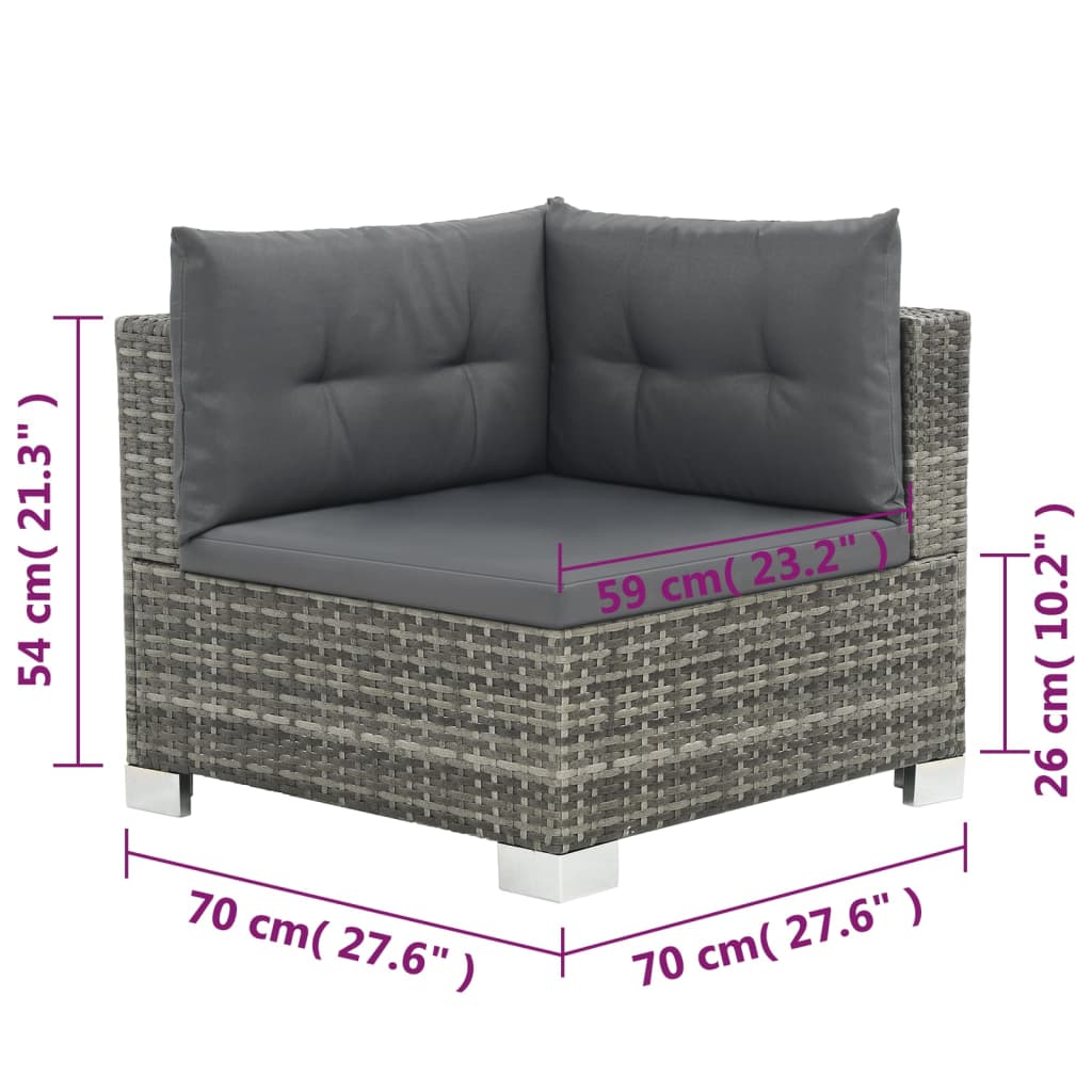 10-delige Loungeset met kussens poly rattan grijs