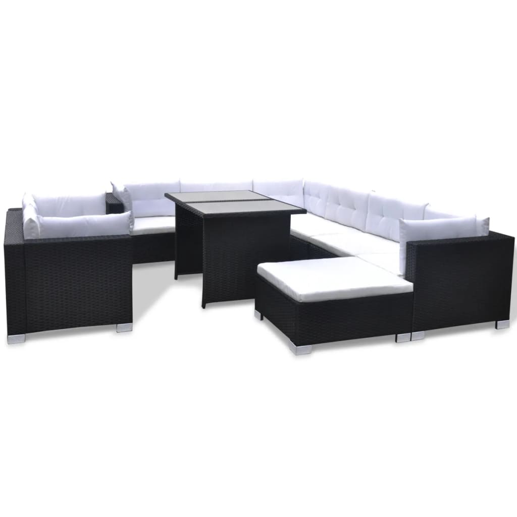 10-delige Loungeset met kussens poly rattan zwart