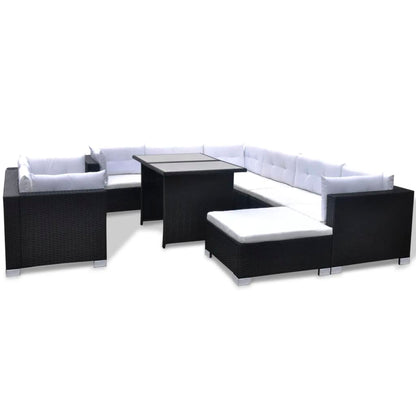 10-delige Loungeset met kussens poly rattan zwart