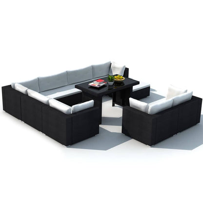 10-delige Loungeset met kussens poly rattan zwart