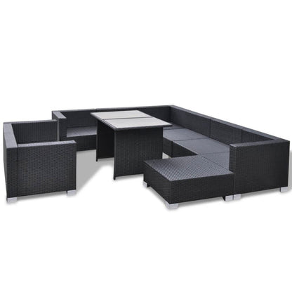 10-delige Loungeset met kussens poly rattan zwart