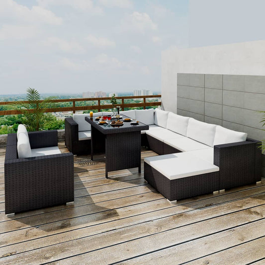 10-delige Loungeset met kussens poly rattan zwart