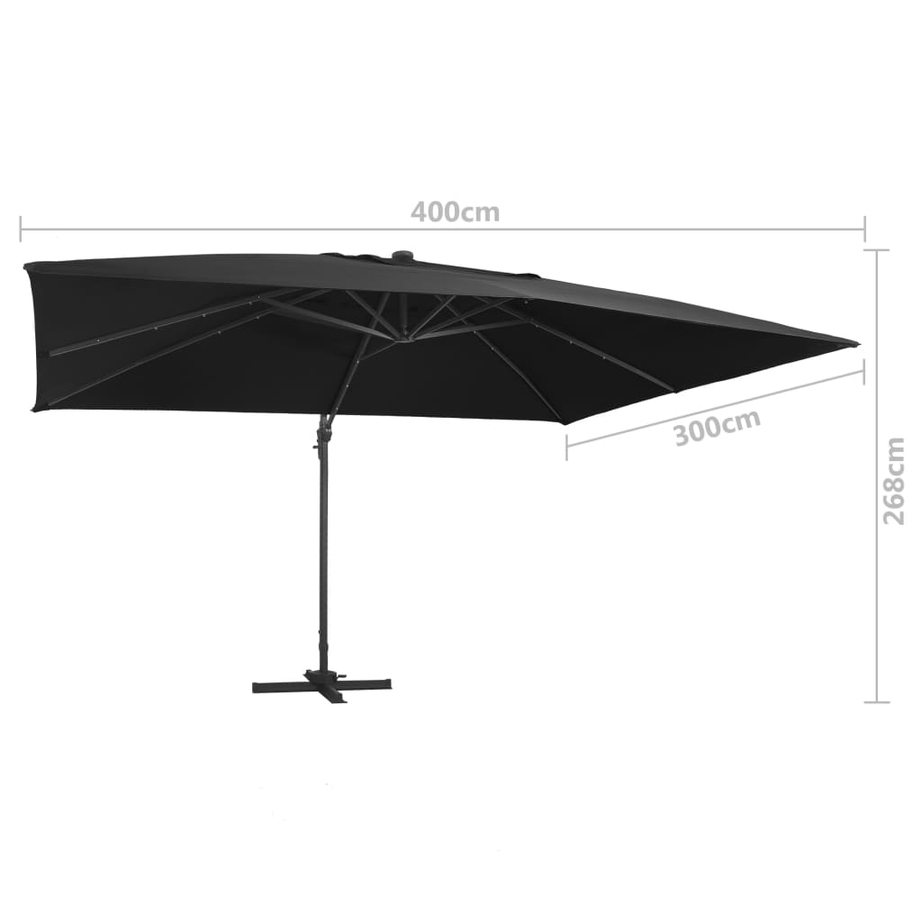 Zweefparasol met LED en aluminium paal 400x300 cm zwart