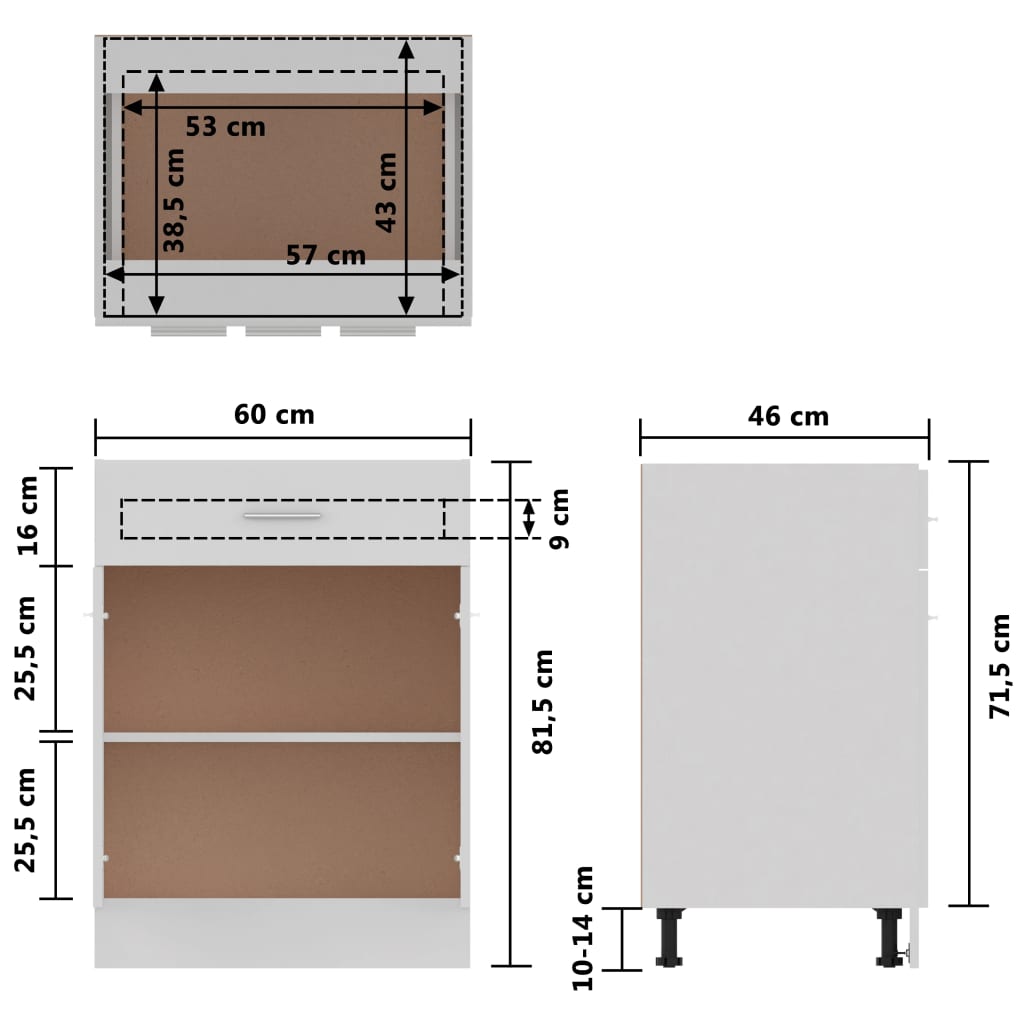 Onderkast met lade 60x46x81,5 cm bewerkt hout wit