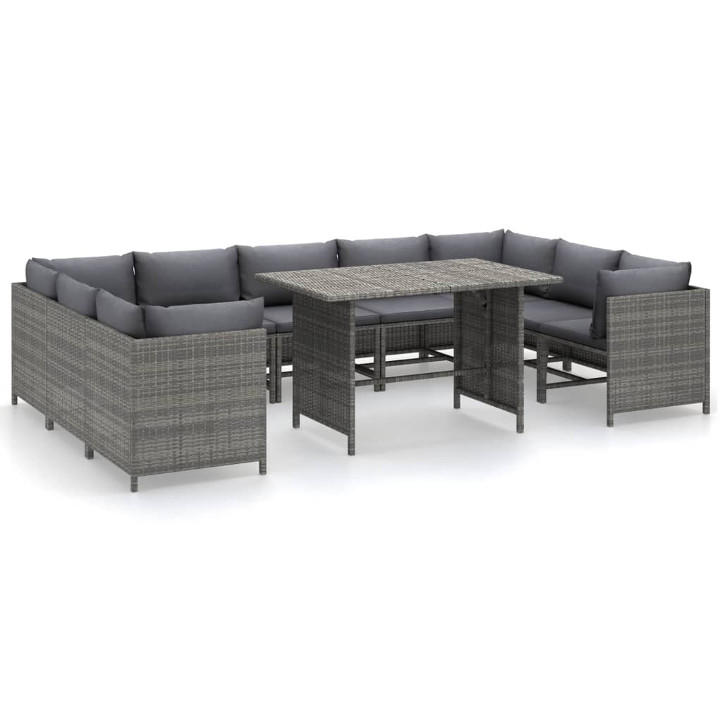 10-delige Loungeset met kussens poly rattan grijs