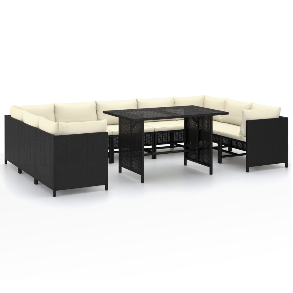 10-delige Loungeset met kussens poly rattan zwart