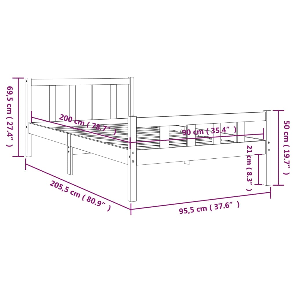 Bedframe massief hout honingbruin 90x200 cm