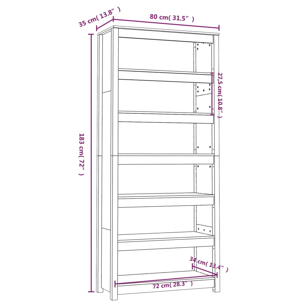 Boekenkast 80x35x183 cm massief grenenhout wit