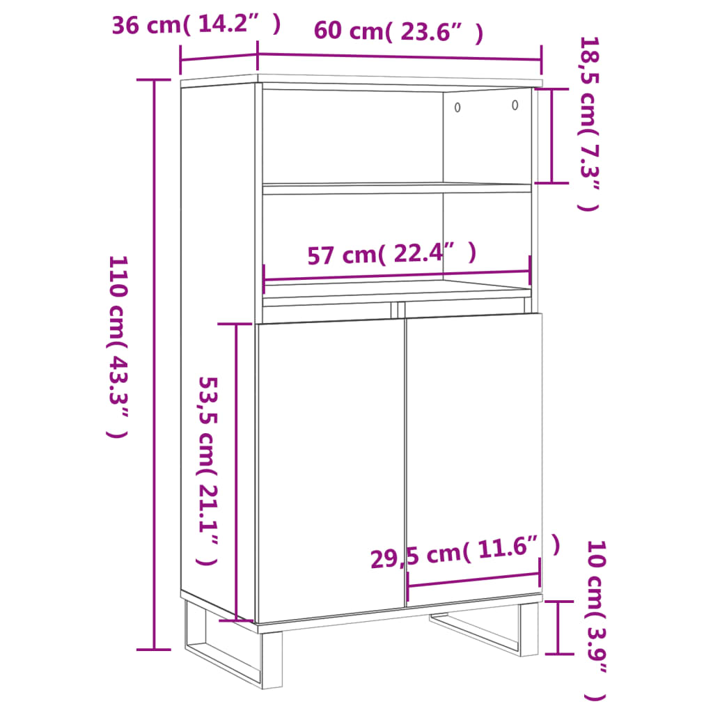 Hoge kast 60x36x110 cm bewerkt hout hoogglans wit