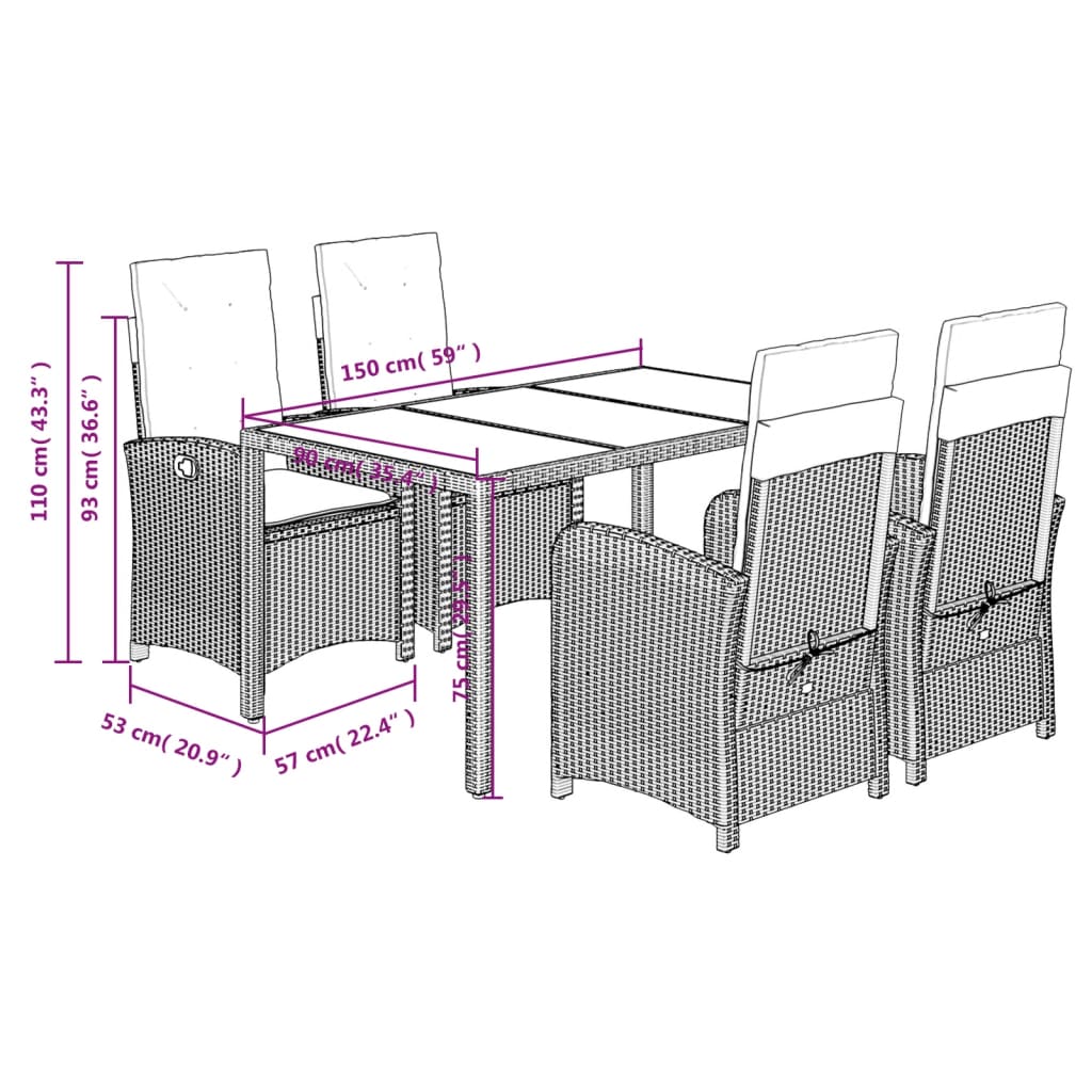 5-delige Tuinset met kussens poly rattan zwart