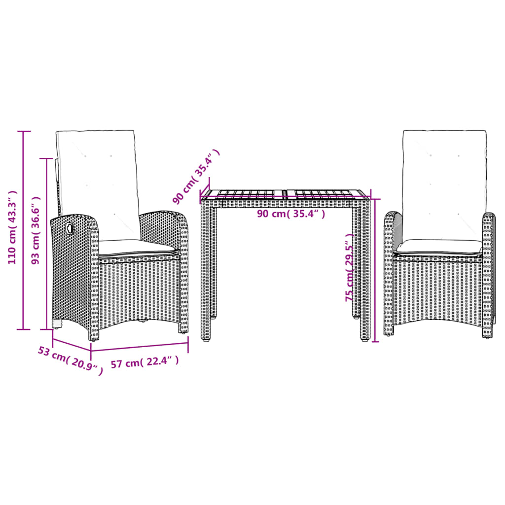 3-delige Tuinset met kussens poly rattan grijs