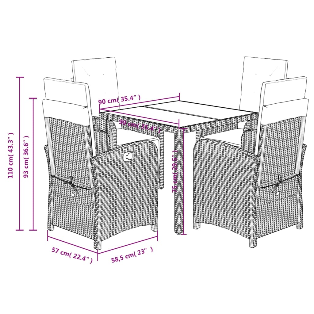 5-delige Tuinset met kussens poly rattan grijs