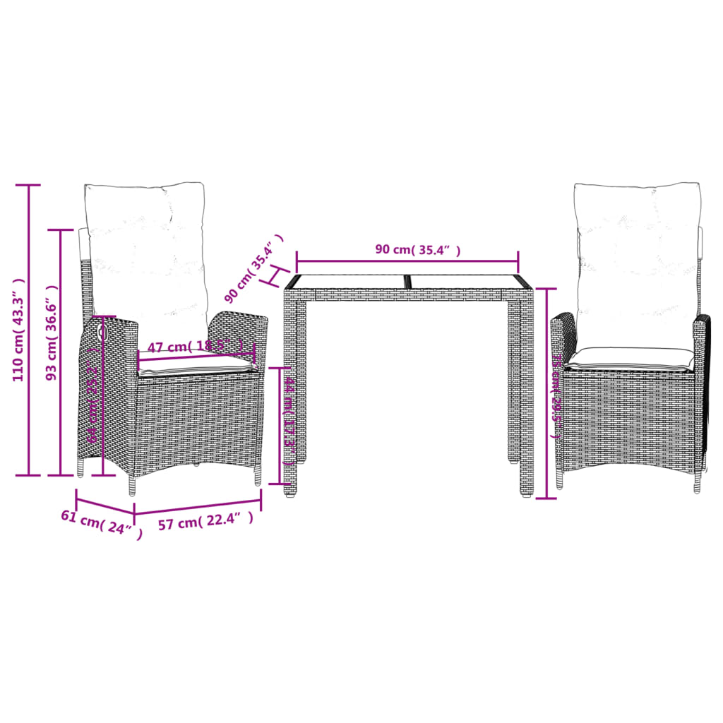 3-delige Tuinset met kussens poly rattan zwart