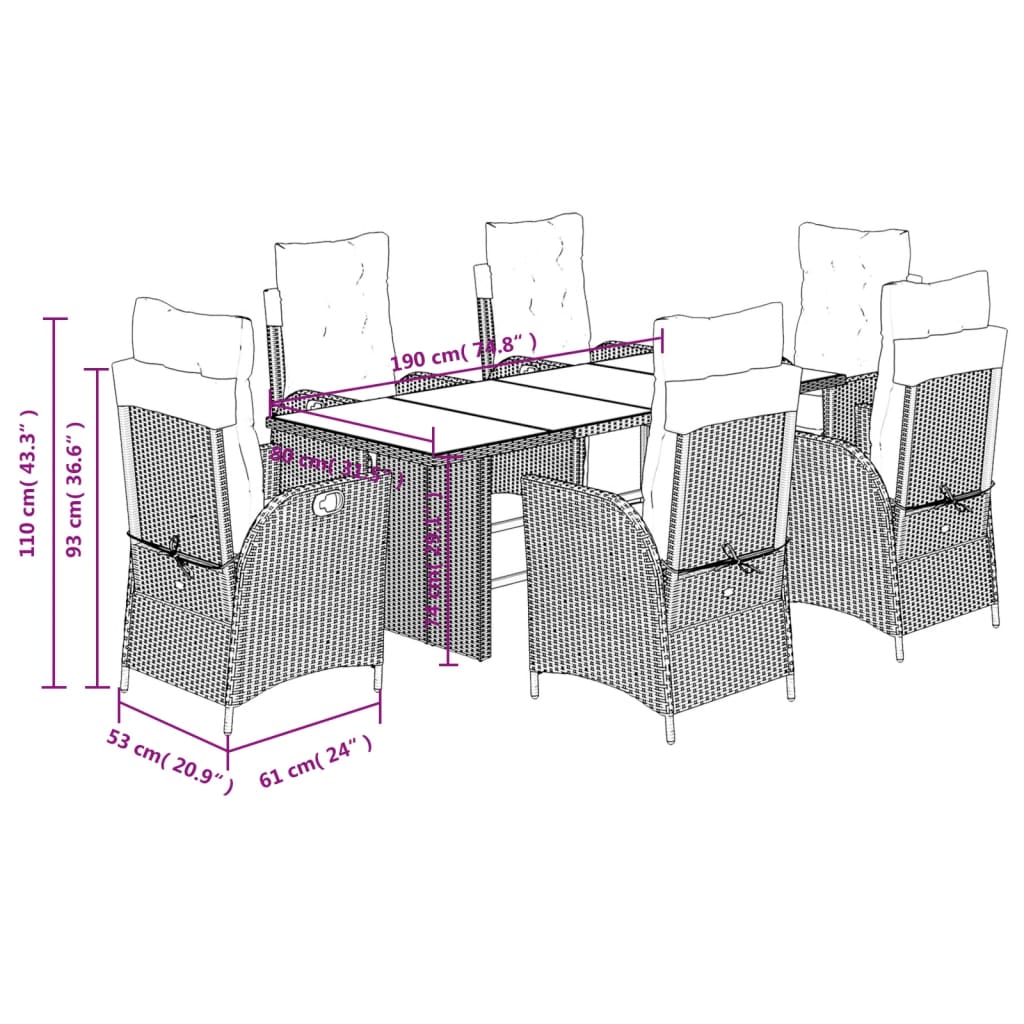 7-delige Tuinset met kussens poly rattan grijs