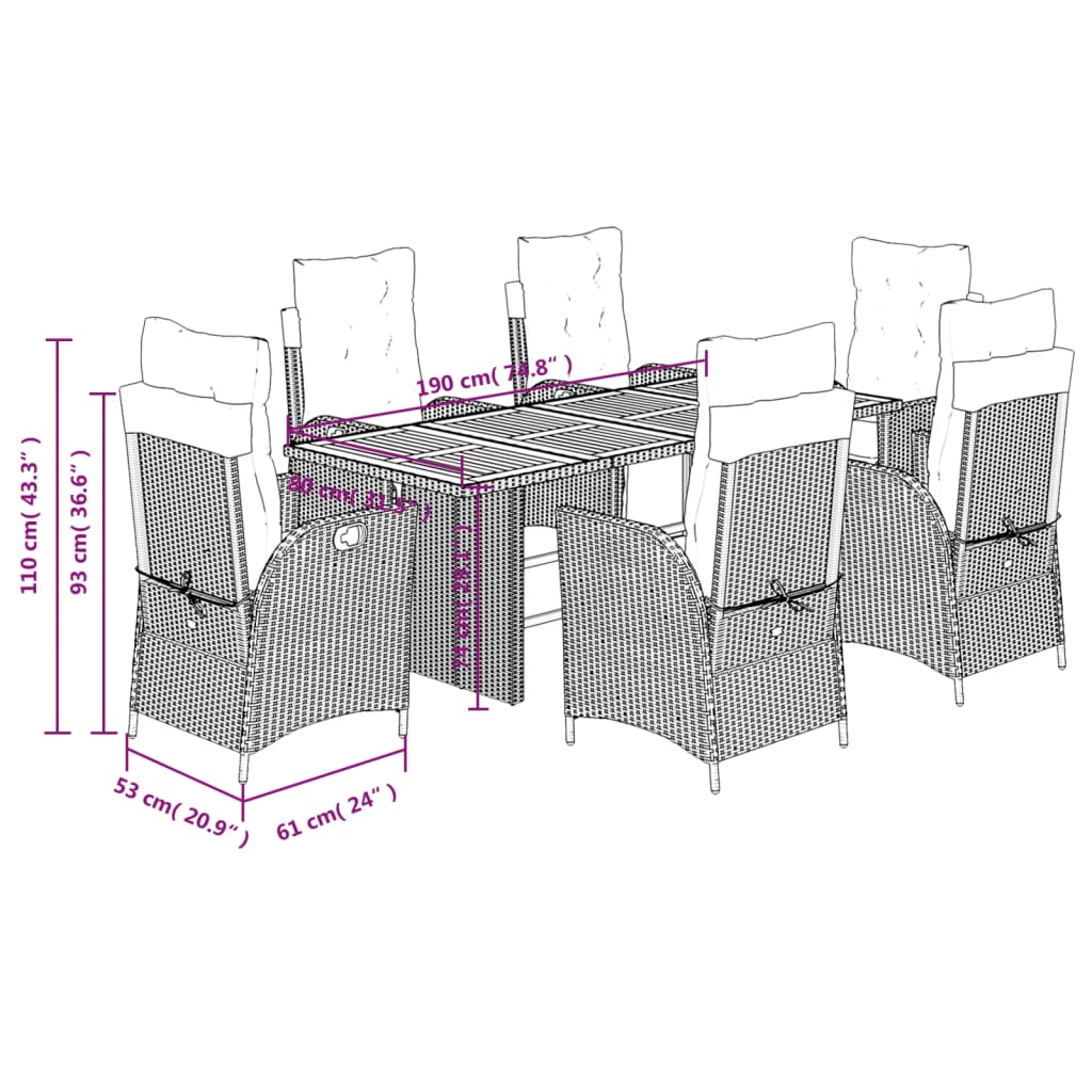 7-delige Tuinset met kussens poly rattan grijs