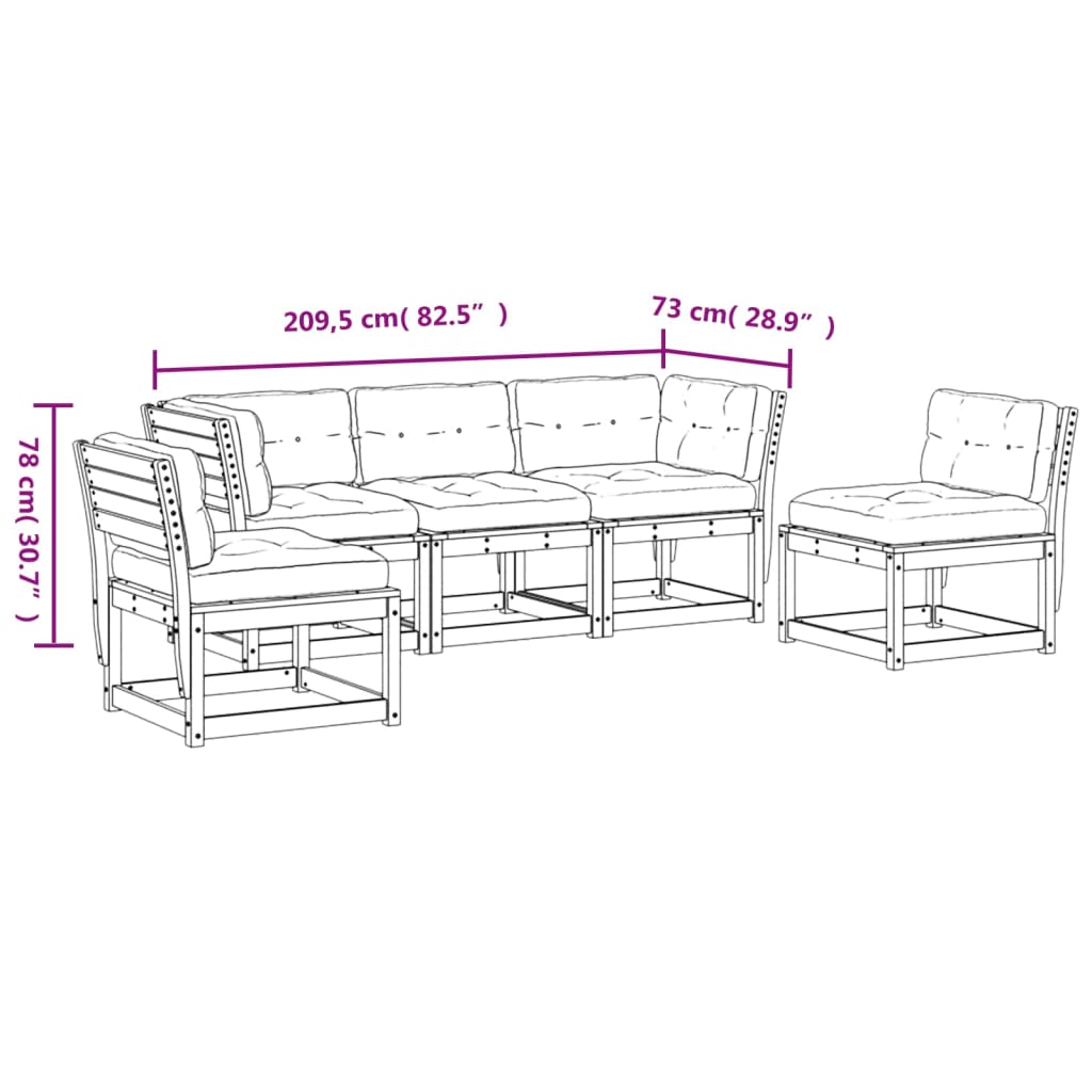 5-delige Loungeset met kussens massief grenenhout