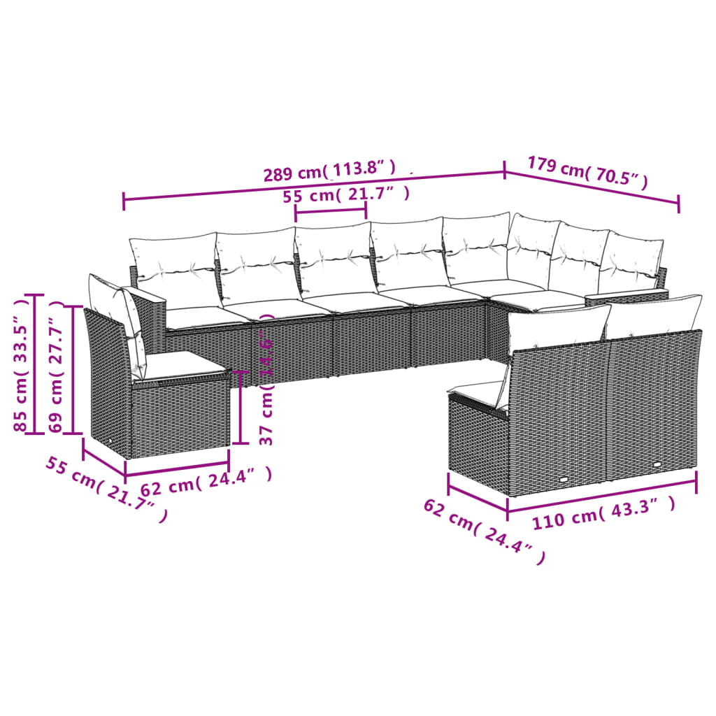 10-delige Loungeset met kussens poly rattan gemengd beige