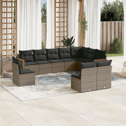 10-delige Loungeset met kussens poly rattan grijs