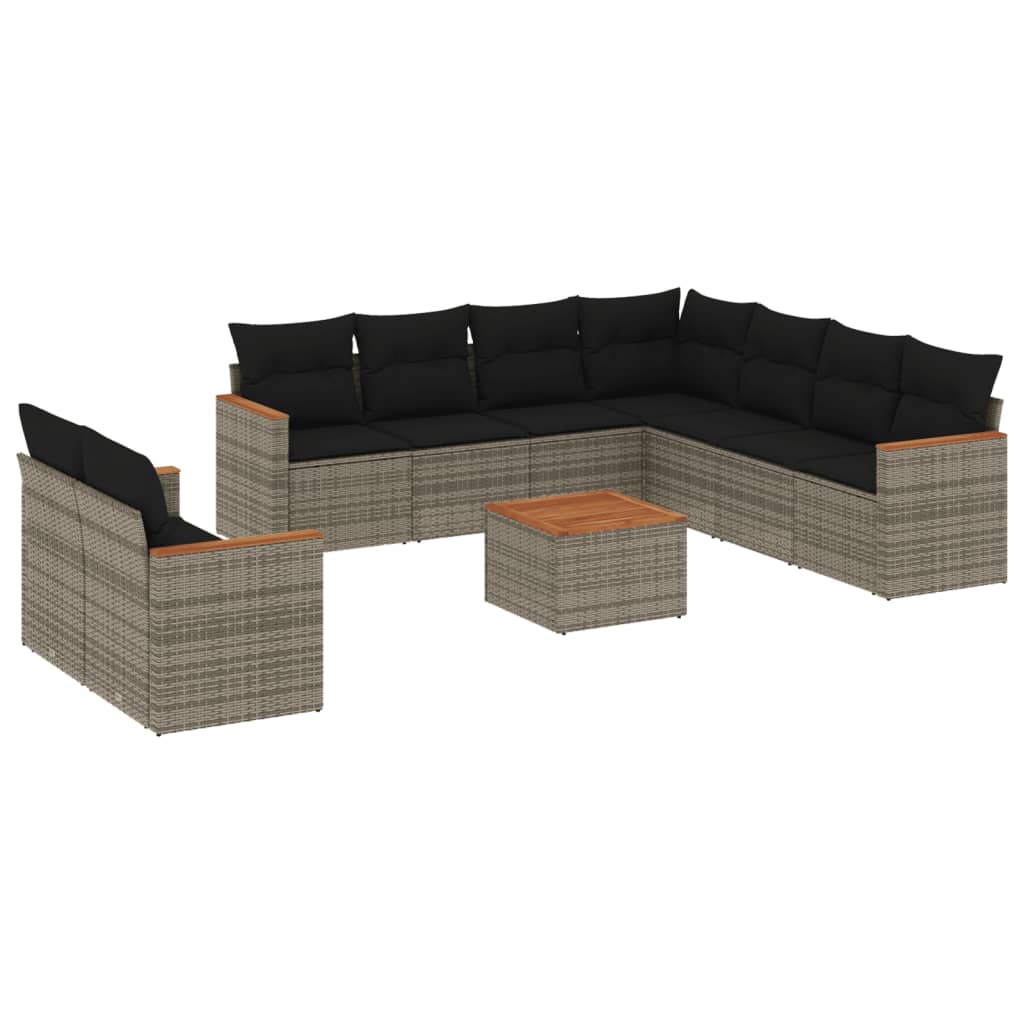 10-delige Loungeset met kussens poly rattan grijs