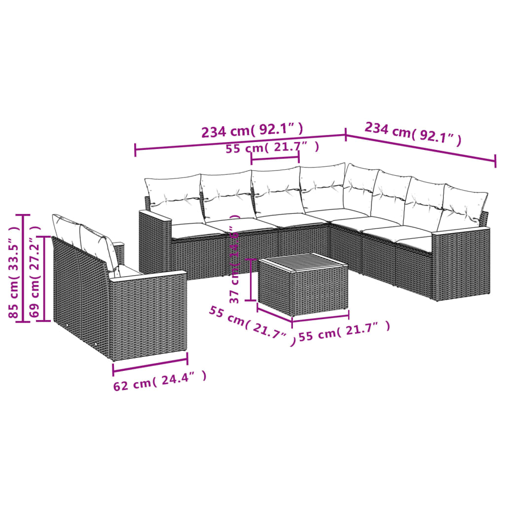 10-delige Loungeset met kussens poly rattan grijs