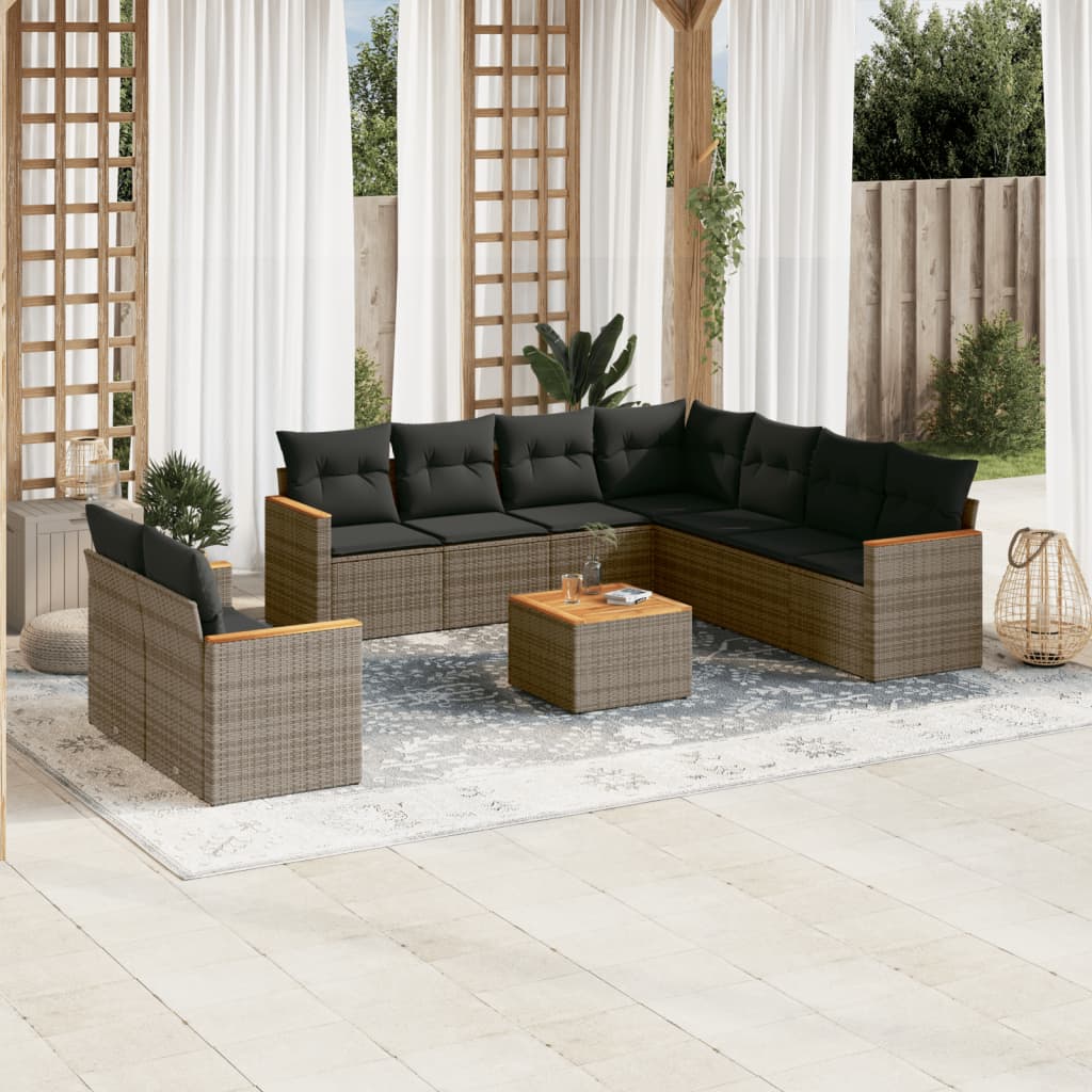 10-delige Loungeset met kussens poly rattan grijs