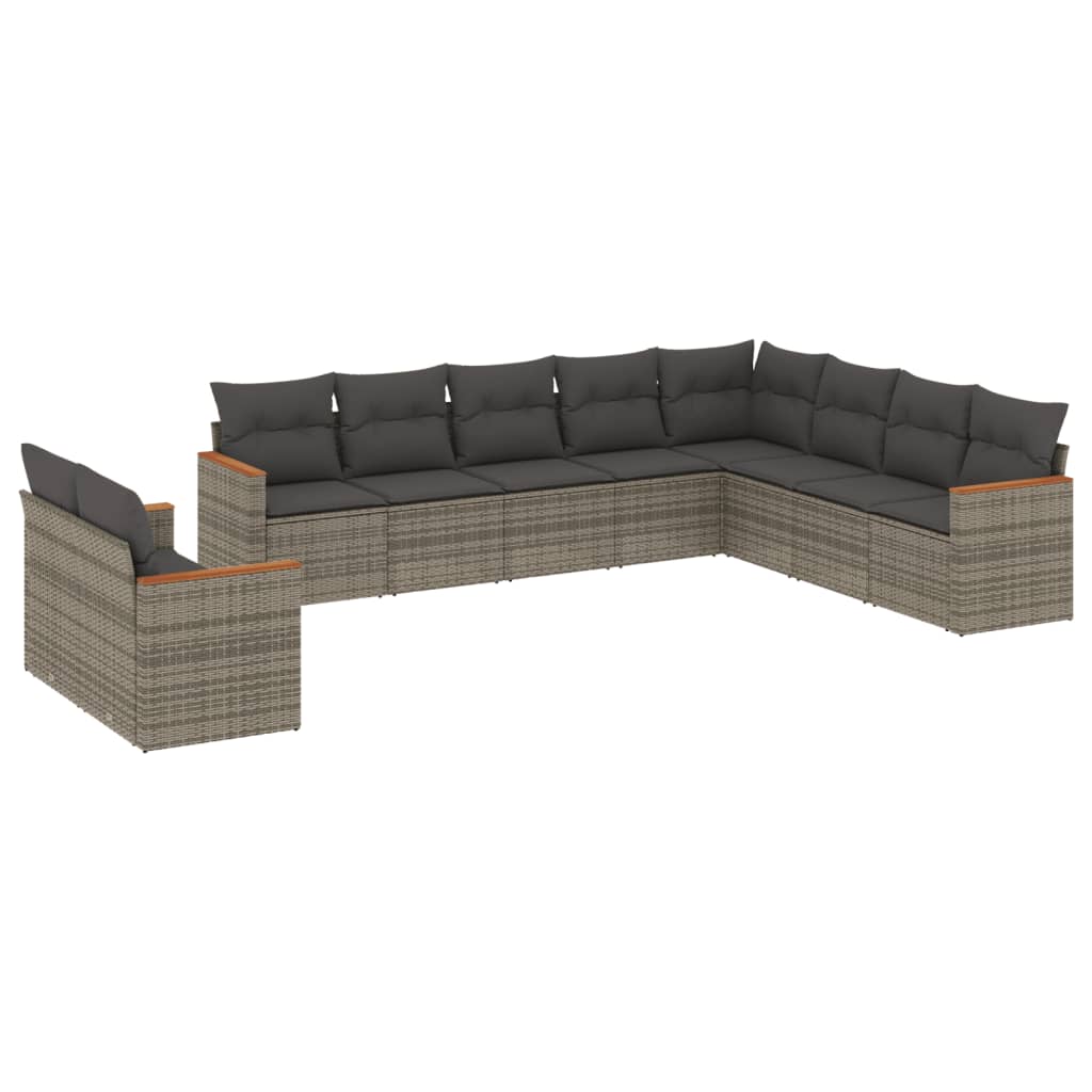 10-delige Loungeset met kussens poly rattan grijs