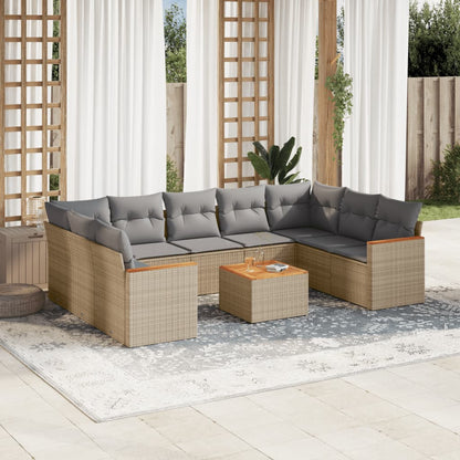 10-delige Loungeset met kussens poly rattan gemengd beige