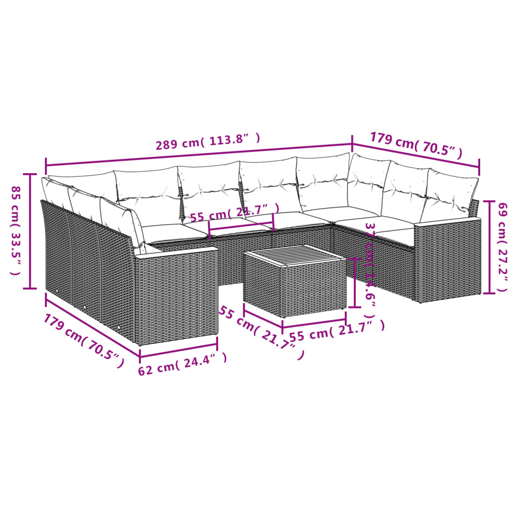 10-delige Loungeset met kussens poly rattan grijs