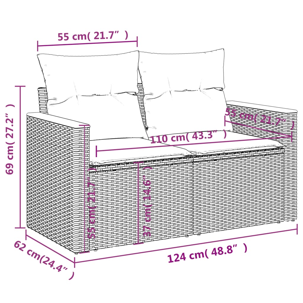 10-delige Loungeset met kussens poly rattan grijs