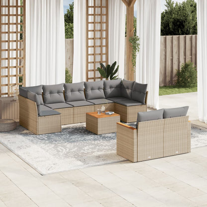 10-delige Loungeset met kussens poly rattan gemengd beige