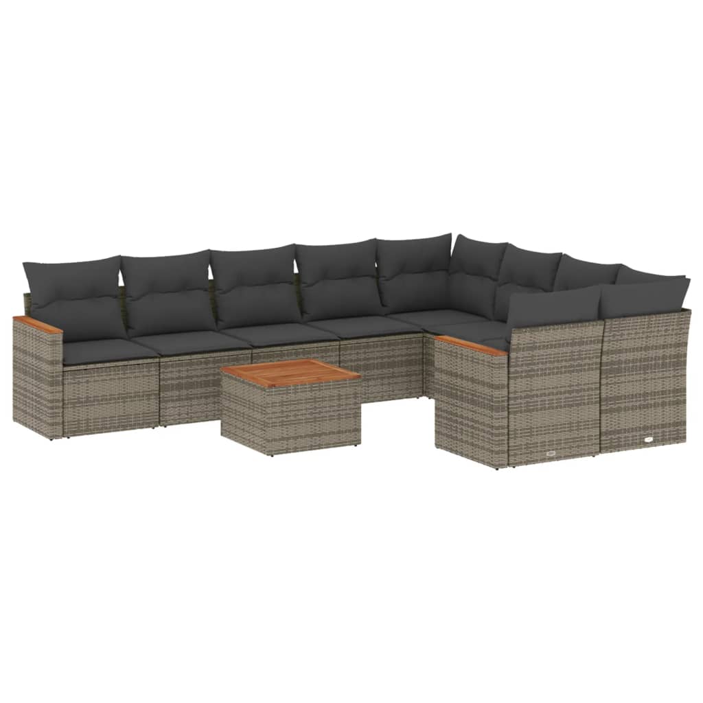 10-delige Loungeset met kussens poly rattan grijs