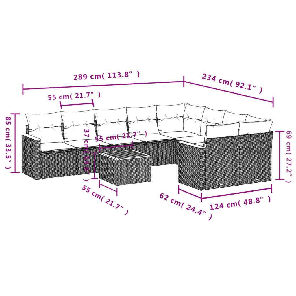 10-delige Loungeset met kussens poly rattan grijs