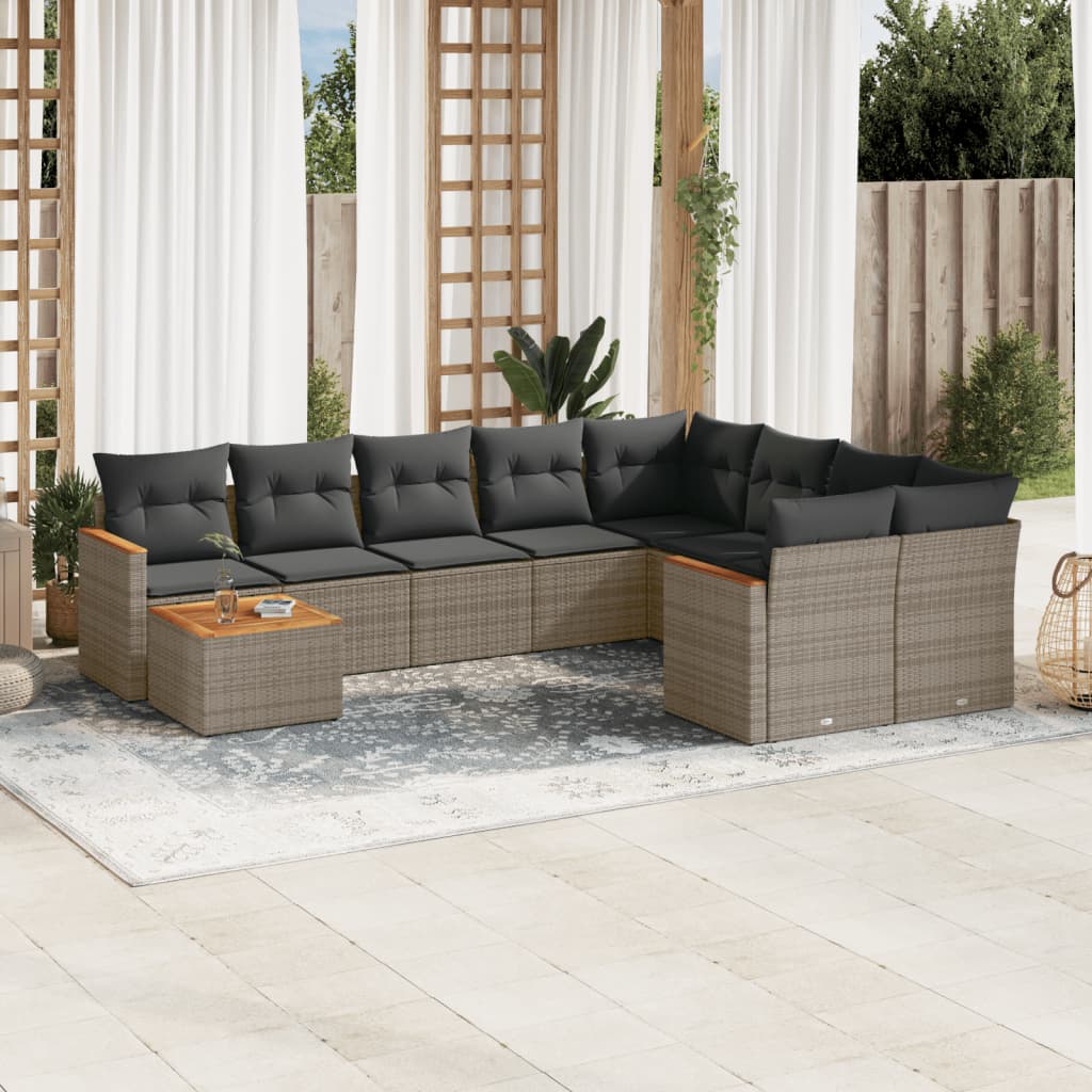 10-delige Loungeset met kussens poly rattan grijs