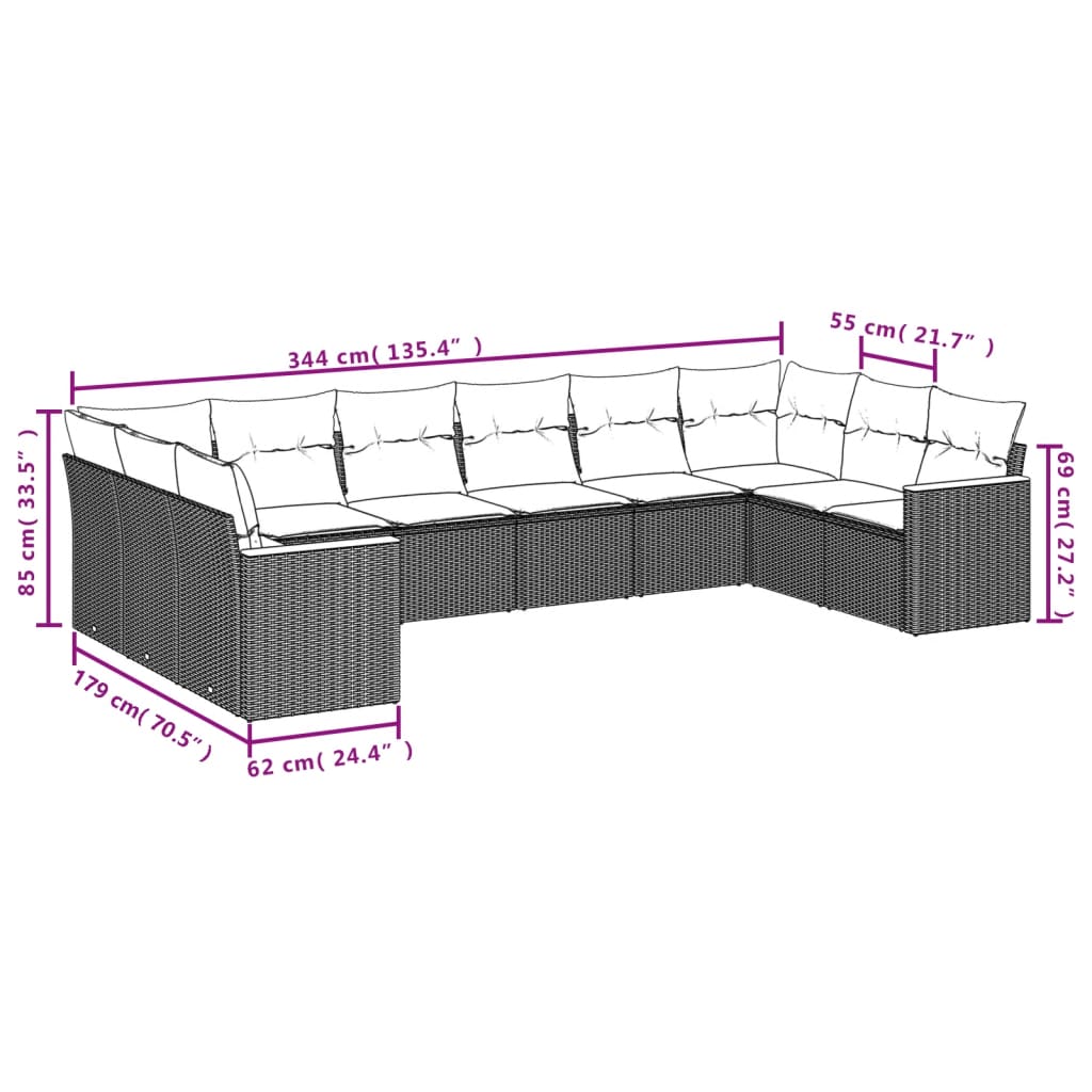 10-delige Loungeset met kussens poly rattan gemengd beige