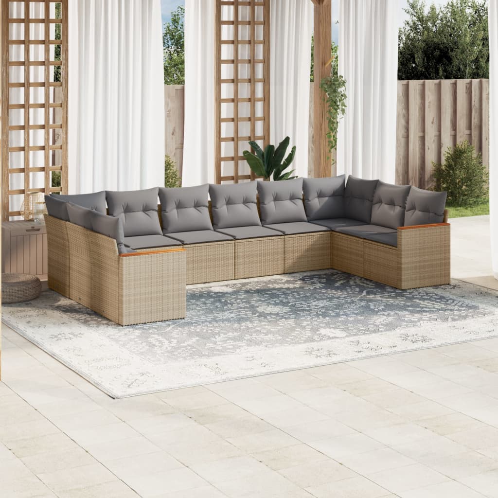 10-delige Loungeset met kussens poly rattan gemengd beige