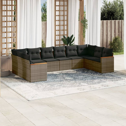 10-delige Loungeset met kussens poly rattan grijs