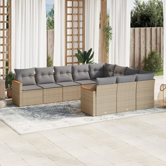 10-delige Loungeset met kussens poly rattan gemengd beige