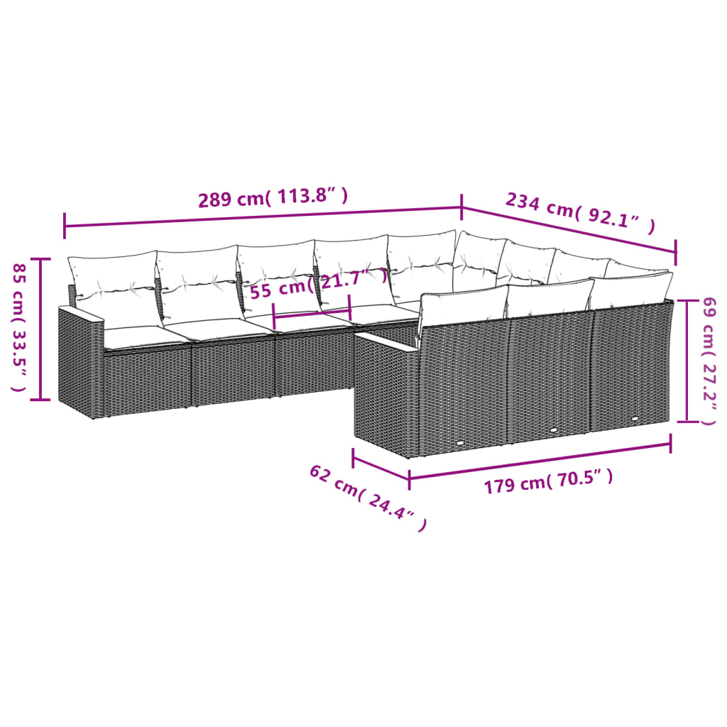 10-delige Loungeset met kussens poly rattan grijs