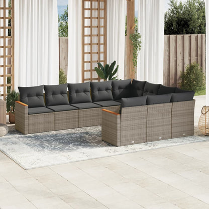 10-delige Loungeset met kussens poly rattan grijs