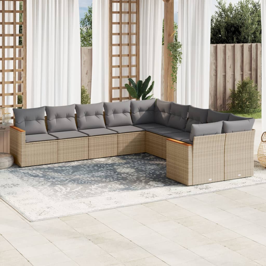 10-delige Loungeset met kussens poly rattan gemengd beige