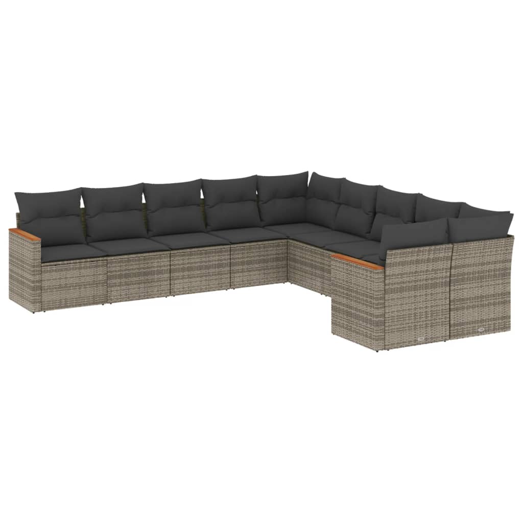 10-delige Loungeset met kussens poly rattan grijs