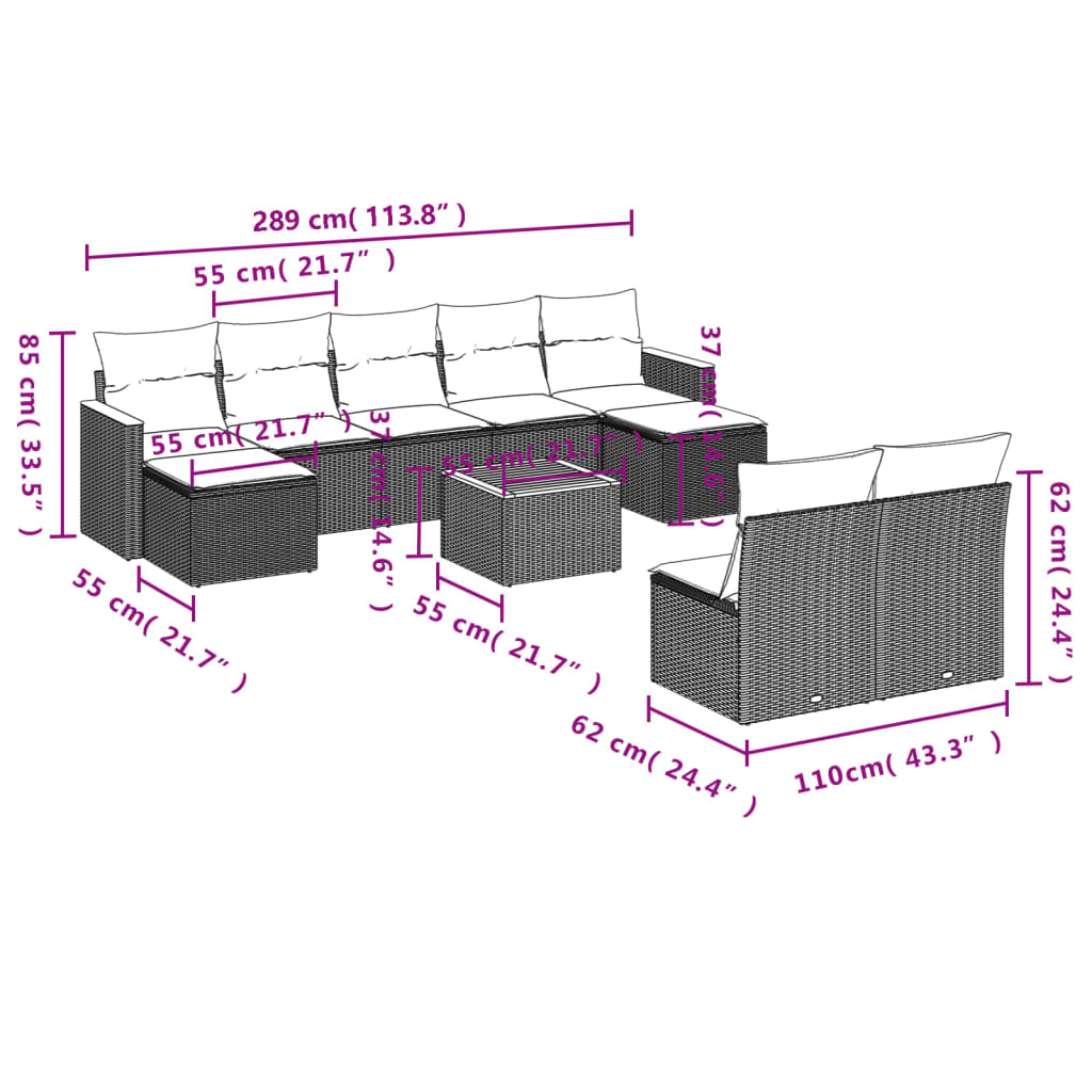 10-delige Loungeset met kussens poly rattan gemengd beige