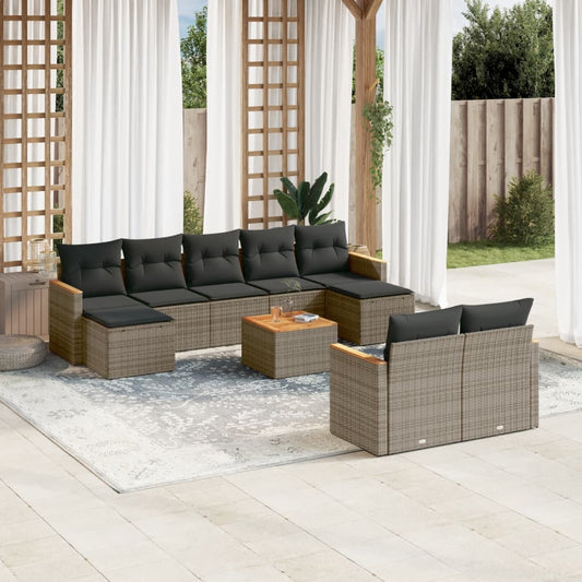 10-delige Loungeset met kussens poly rattan grijs