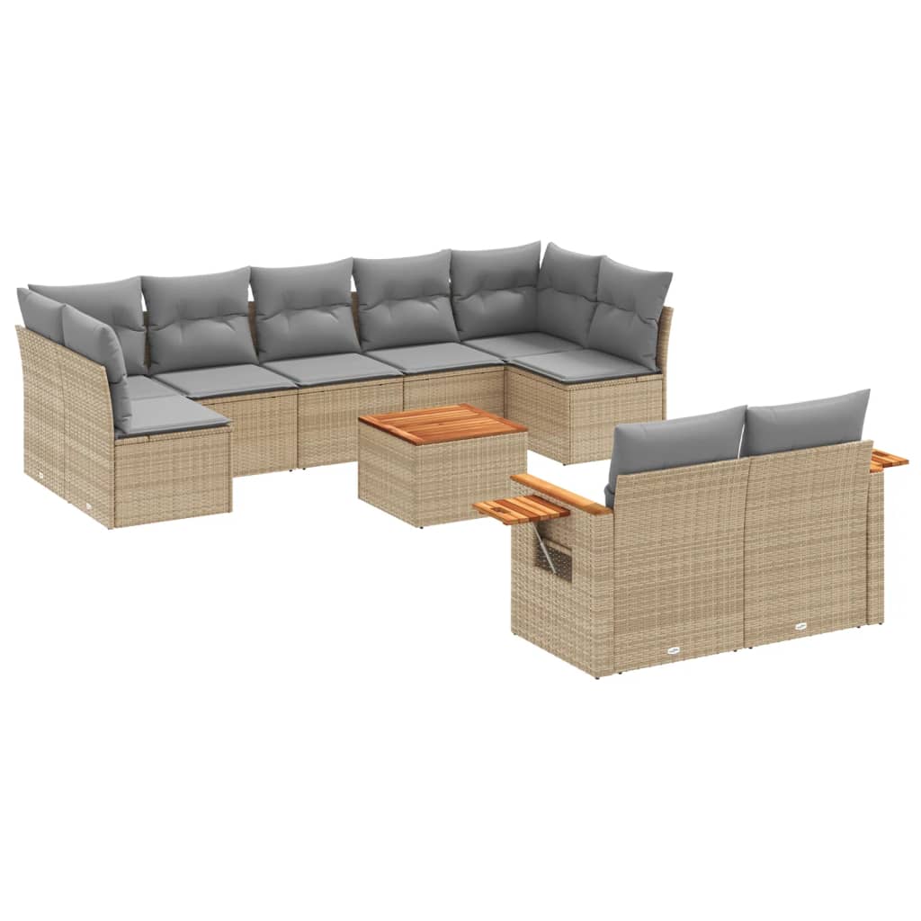 10-delige Loungeset met kussens poly rattan beige