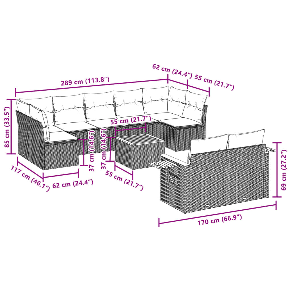 10-delige Loungeset met kussens poly rattan grijs