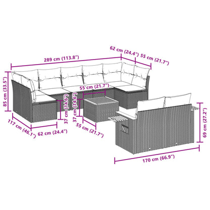 10-delige Loungeset met kussens poly rattan grijs