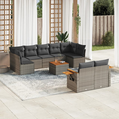 10-delige Loungeset met kussens poly rattan grijs