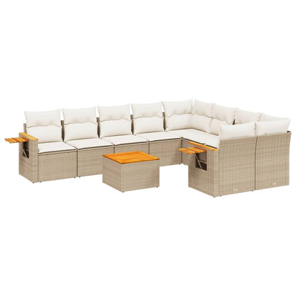 10-delige Loungeset met kussens poly rattan beige