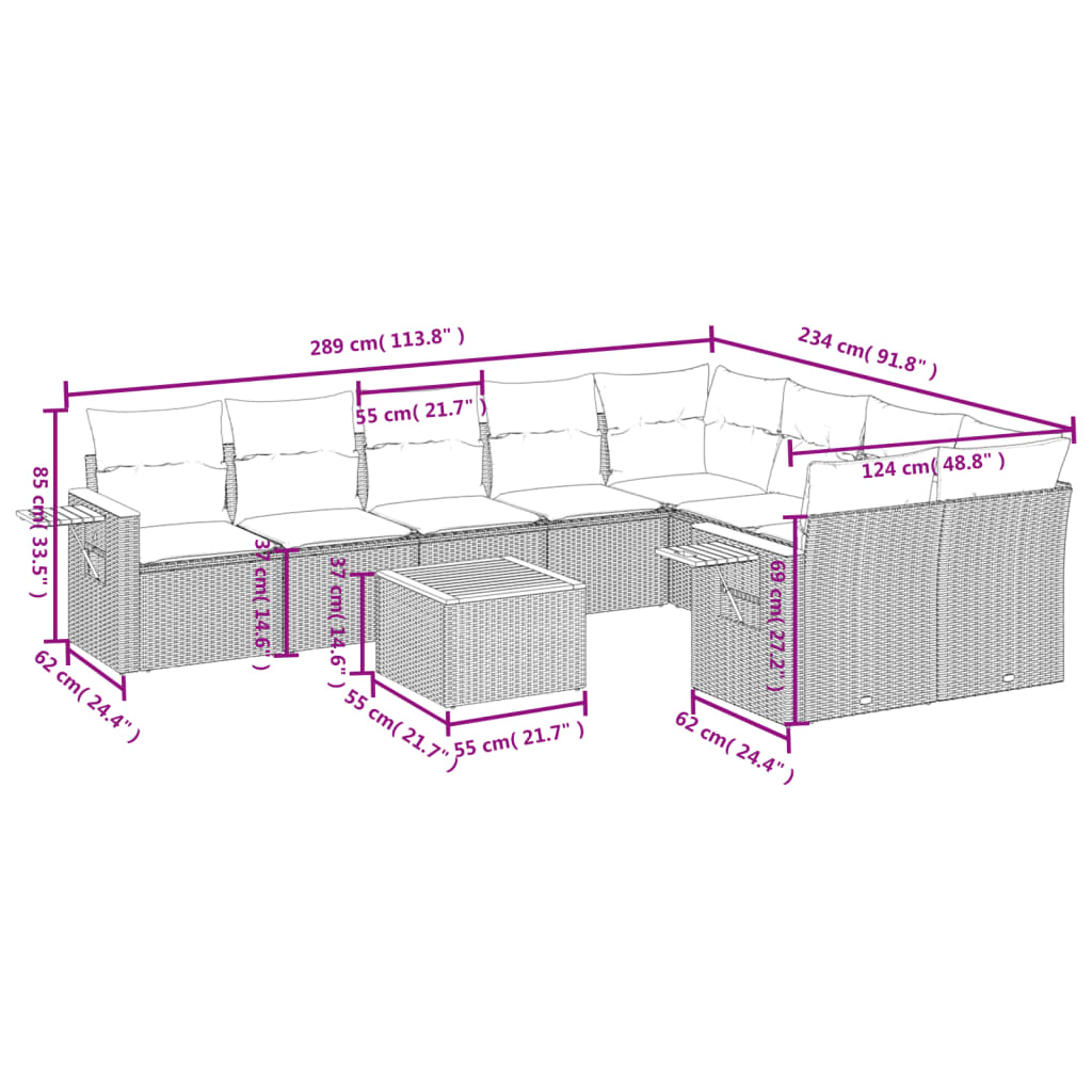 10-delige Loungeset met kussens poly rattan beige