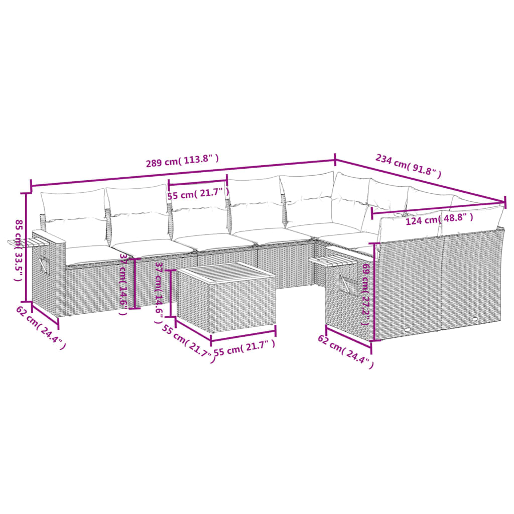 10-delige Loungeset met kussens poly rattan grijs